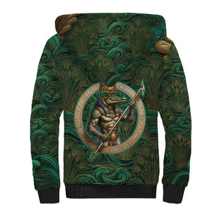 Sobek Crocodile Warrior Sherpa Hoodie with Ankh Ancient Egyptian Motif in Emerald