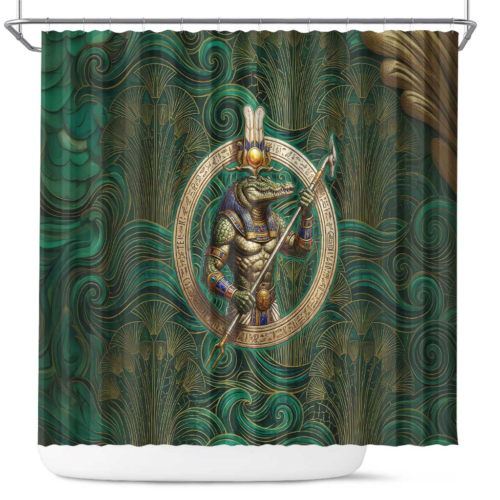Sobek Crocodile Warrior Shower Curtain with Ankh Ancient Egyptian Motif in Emerald