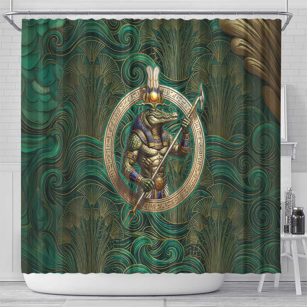 Sobek Crocodile Warrior Shower Curtain with Ankh Ancient Egyptian Motif in Emerald