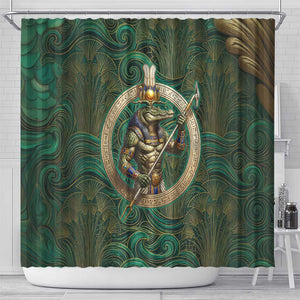 Sobek Crocodile Warrior Shower Curtain with Ankh Ancient Egyptian Motif in Emerald