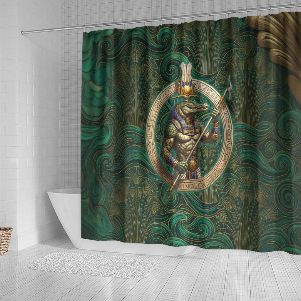 Sobek Crocodile Warrior Shower Curtain with Ankh Ancient Egyptian Motif in Emerald