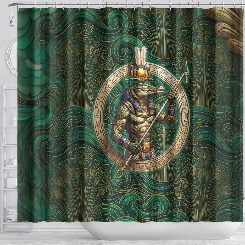 Sobek Crocodile Warrior Shower Curtain with Ankh Ancient Egyptian Motif in Emerald