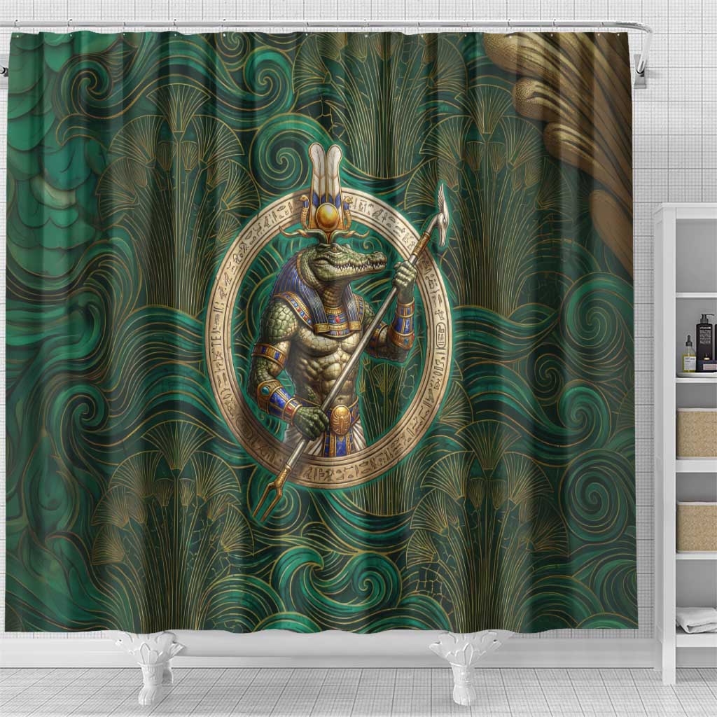 Sobek Crocodile Warrior Shower Curtain with Ankh Ancient Egyptian Motif in Emerald