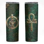 Sobek Crocodile Warrior Skinny Tumbler with Ankh Ancient Egyptian Motif in Emerald