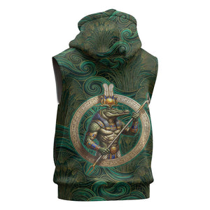 Sobek Crocodile Warrior Sleeveless Hoodie with Ankh Ancient Egyptian Motif in Emerald