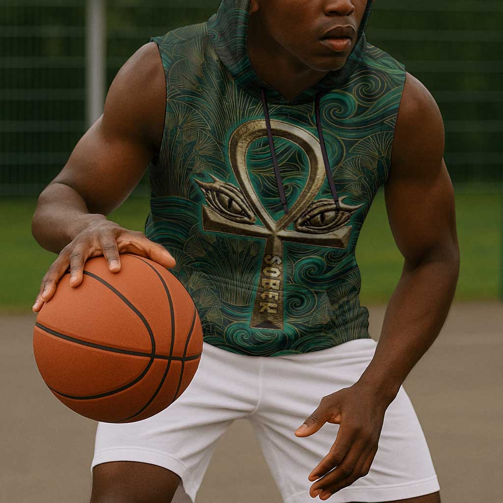 Sobek Crocodile Warrior Sleeveless Hoodie with Ankh Ancient Egyptian Motif in Emerald