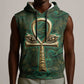Sobek Crocodile Warrior Sleeveless Hoodie with Ankh Ancient Egyptian Motif in Emerald