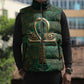 Sobek Crocodile Warrior Sleeveless Puffer Jacket with Ankh Ancient Egyptian Motif in Emerald