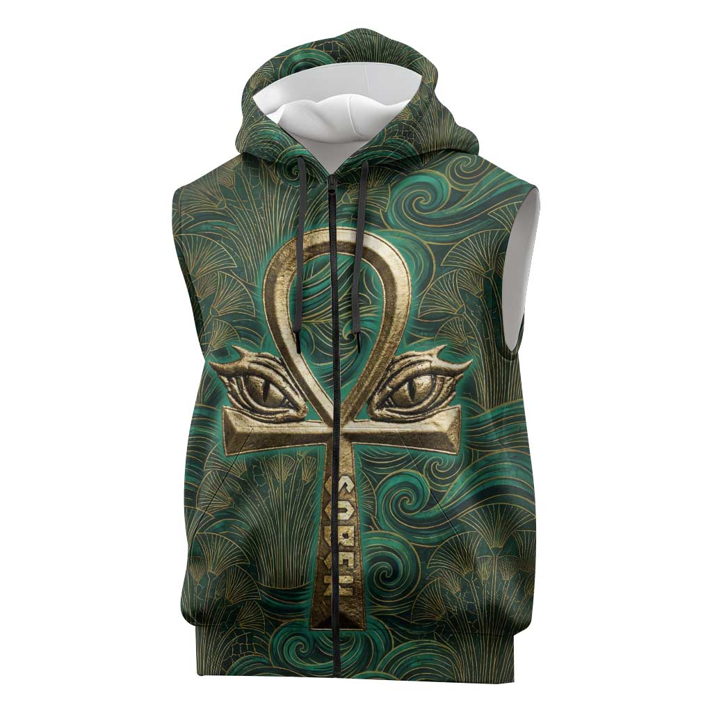 Sobek Crocodile Warrior Sleeveless Zip Hoodie with Ankh Ancient Egyptian Motif in Emerald