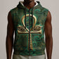 Sobek Crocodile Warrior Sleeveless Zip Hoodie with Ankh Ancient Egyptian Motif in Emerald