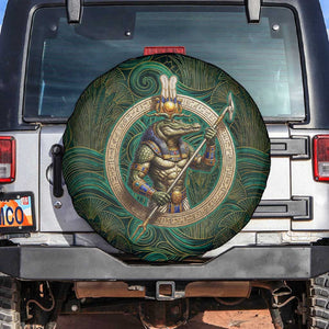 Sobek Crocodile Warrior Spare Tire Cover with Ankh Ancient Egyptian Motif in Emerald
