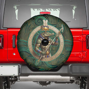 Sobek Crocodile Warrior Spare Tire Cover with Ankh Ancient Egyptian Motif in Emerald