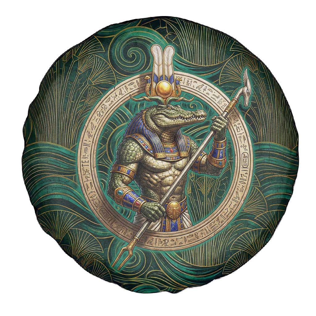 Sobek Crocodile Warrior Spare Tire Cover with Ankh Ancient Egyptian Motif in Emerald