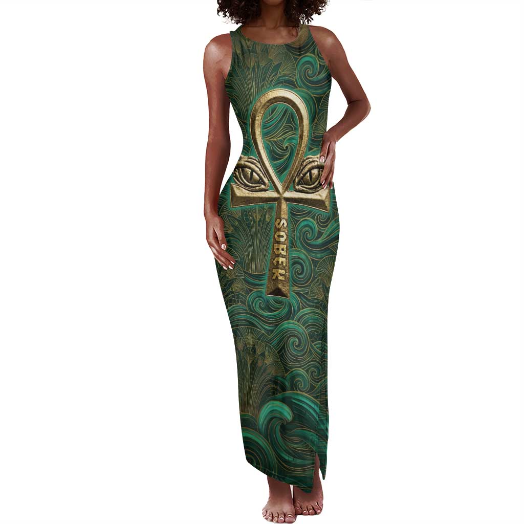 Sobek Crocodile Warrior Tank Maxi Dress with Ankh Ancient Egyptian Motif in Emerald