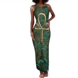 Sobek Crocodile Warrior Tank Maxi Dress with Ankh Ancient Egyptian Motif in Emerald