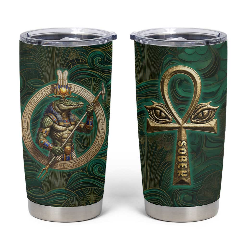 Sobek Crocodile Warrior Tumbler Cup with Ankh Ancient Egyptian Motif in Emerald