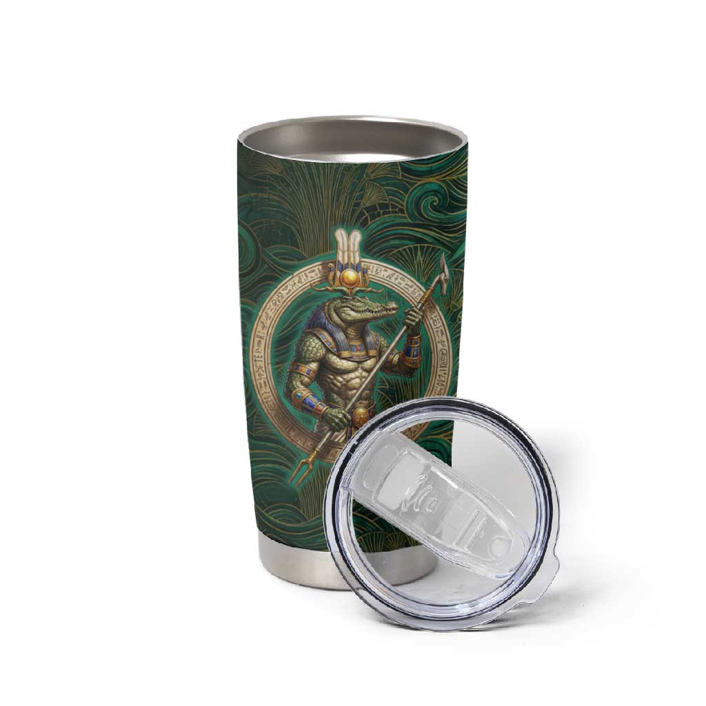 Sobek Crocodile Warrior Tumbler Cup with Ankh Ancient Egyptian Motif in Emerald