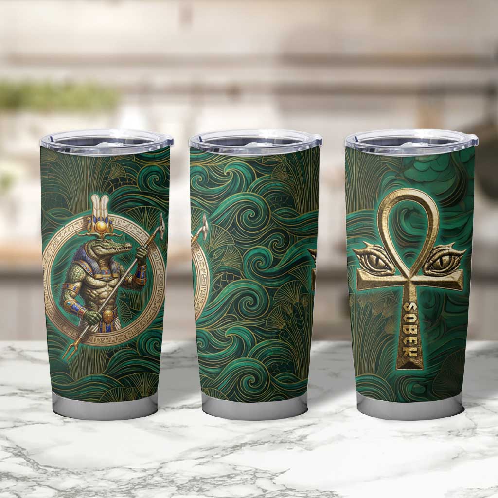 Sobek Crocodile Warrior Tumbler Cup with Ankh Ancient Egyptian Motif in Emerald