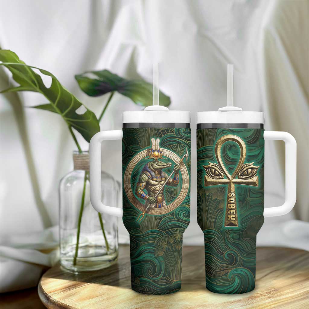 Sobek Crocodile Warrior Tumbler With Handle with Ankh Ancient Egyptian Motif in Emerald