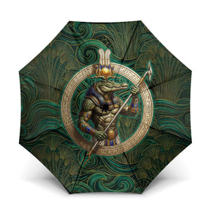 Sobek Crocodile Warrior Umbrella with Ankh Ancient Egyptian Motif in Emerald