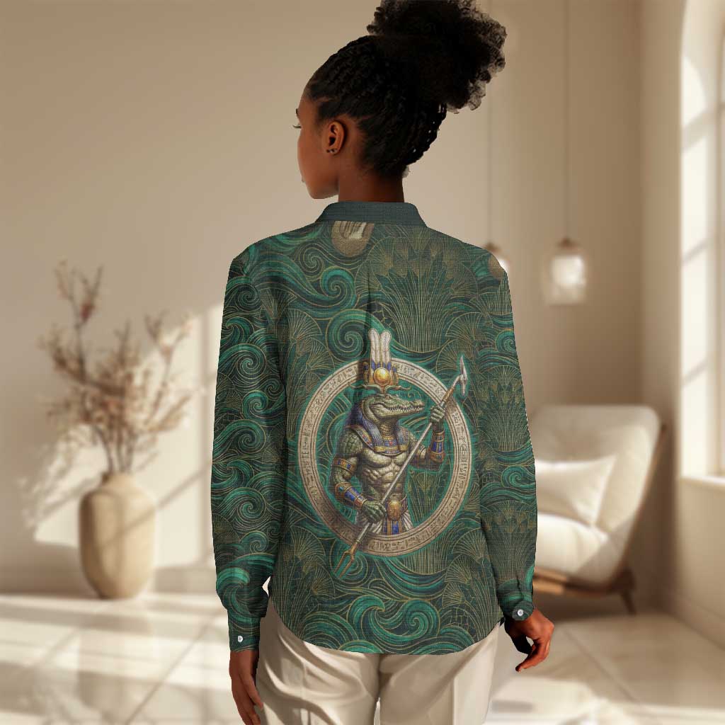 Sobek Crocodile Warrior Women Casual Shirt with Ankh Ancient Egyptian Motif in Emerald