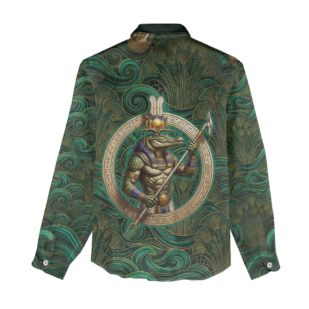 Sobek Crocodile Warrior Women Casual Shirt with Ankh Ancient Egyptian Motif in Emerald