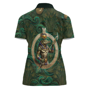 Sobek Crocodile Warrior Women Polo Shirt with Ankh Ancient Egyptian Motif in Emerald