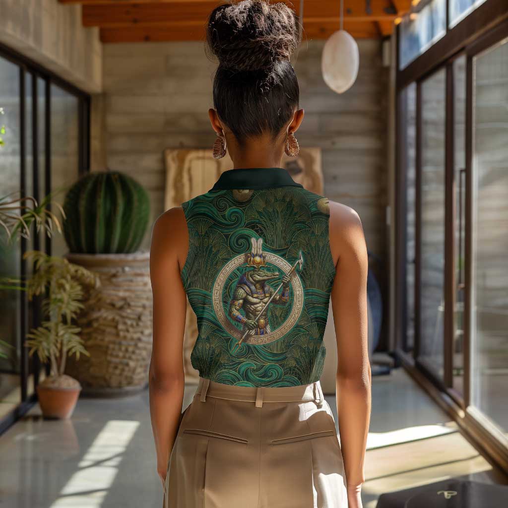 Sobek Crocodile Warrior Women Sleeveless Polo Shirt with Ankh Ancient Egyptian Motif in Emerald