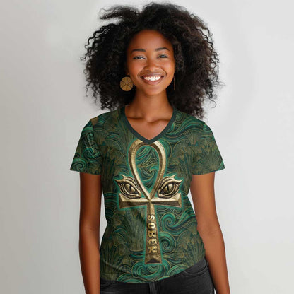 Sobek Crocodile Warrior Women V-Neck T-Shirt with Ankh Ancient Egyptian Motif in Emerald
