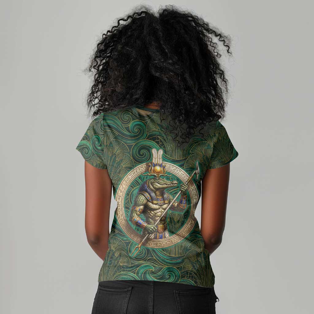 Sobek Crocodile Warrior Women V-Neck T-Shirt with Ankh Ancient Egyptian Motif in Emerald
