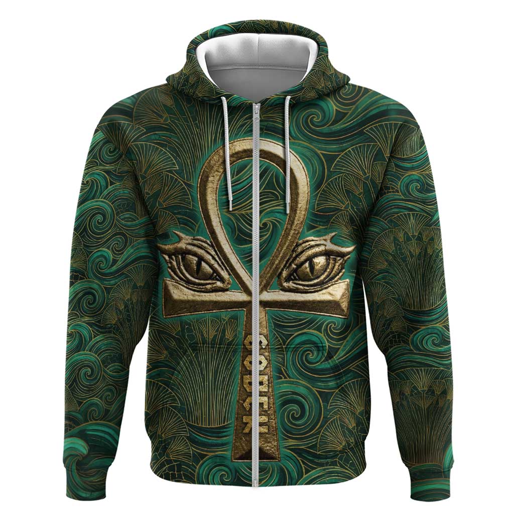 Sobek Crocodile Warrior Zip Hoodie with Ankh Ancient Egyptian Motif in Emerald