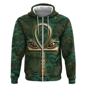 Sobek Crocodile Warrior Zip Hoodie with Ankh Ancient Egyptian Motif in Emerald
