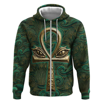 Sobek Crocodile Warrior Zip Hoodie with Ankh Ancient Egyptian Motif in Emerald