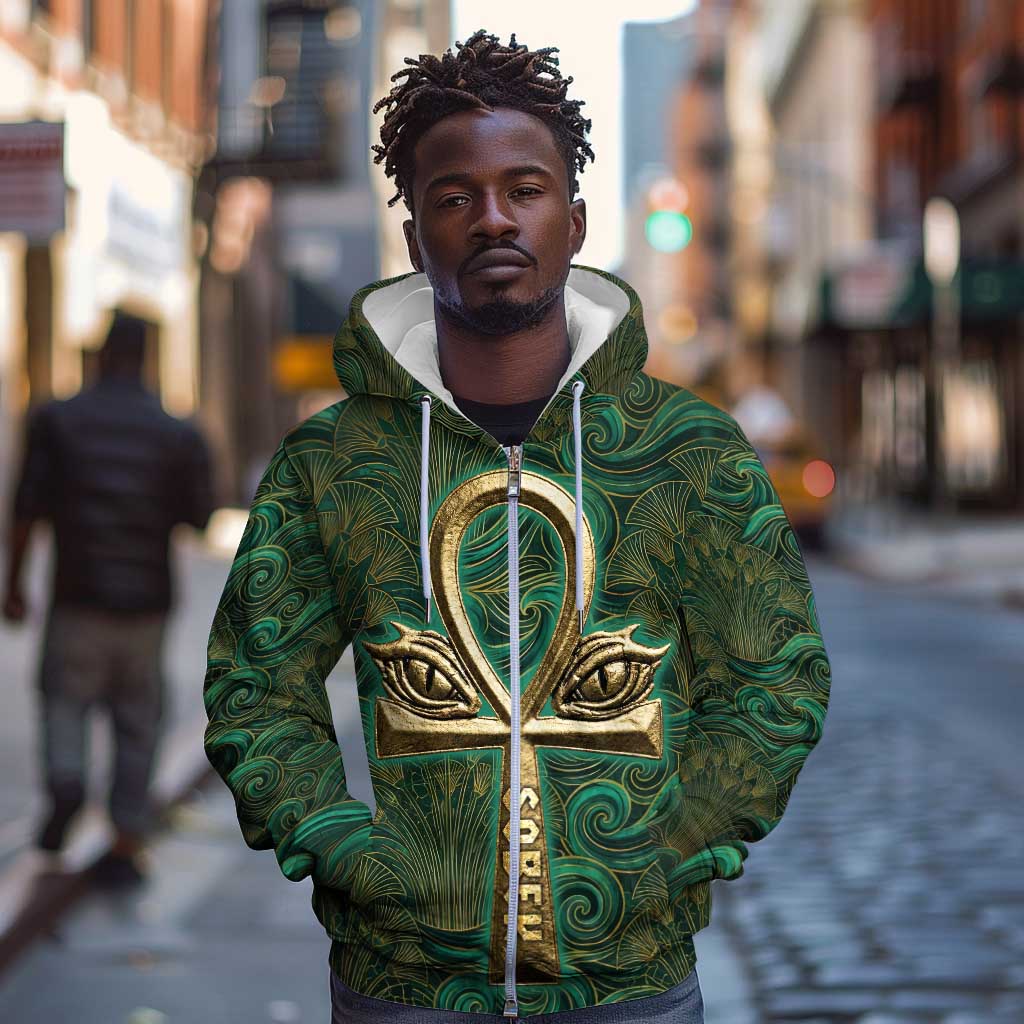Sobek Crocodile Warrior Zip Hoodie with Ankh Ancient Egyptian Motif in Emerald