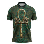 Sobek Crocodile Warrior Zipper Polo Shirt with Ankh Ancient Egyptian Motif in Emerald