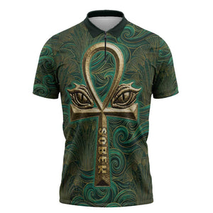 Sobek Crocodile Warrior Zipper Polo Shirt with Ankh Ancient Egyptian Motif in Emerald