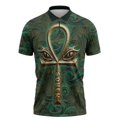 Sobek Crocodile Warrior Zipper Polo Shirt with Ankh Ancient Egyptian Motif in Emerald