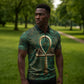 Sobek Crocodile Warrior Zipper Polo Shirt with Ankh Ancient Egyptian Motif in Emerald