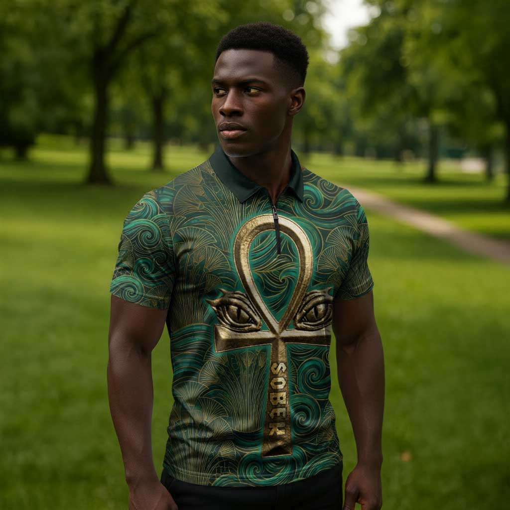 Sobek Crocodile Warrior Zipper Polo Shirt with Ankh Ancient Egyptian Motif in Emerald