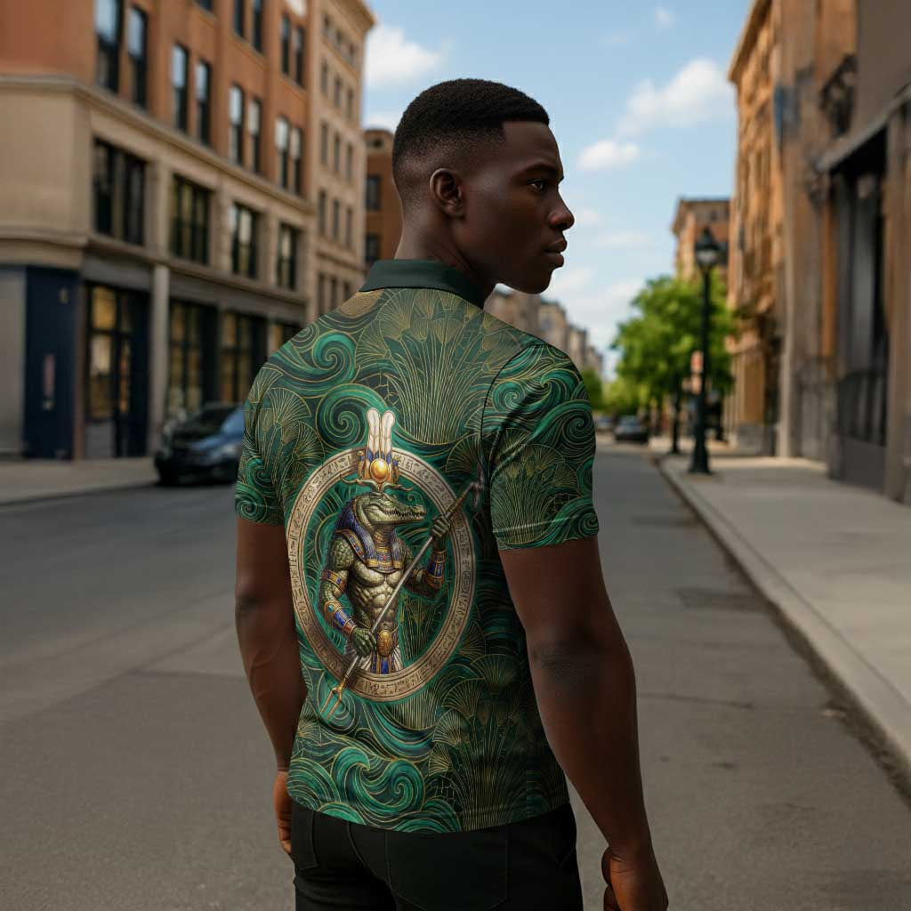 Sobek Crocodile Warrior Zipper Polo Shirt with Ankh Ancient Egyptian Motif in Emerald