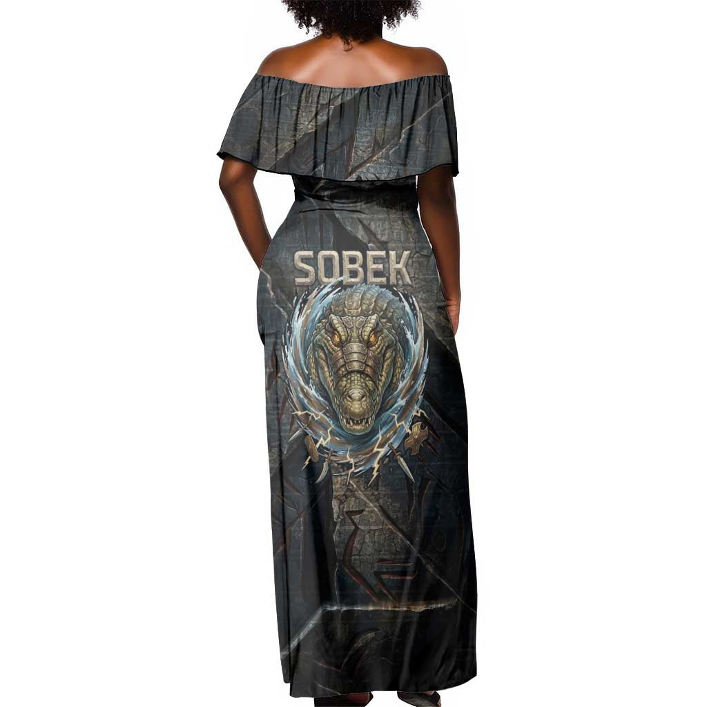 Sobek Egypt Off Shoulder Maxi Dress with Crocodile Head Water Symbolism Ancient Guardian