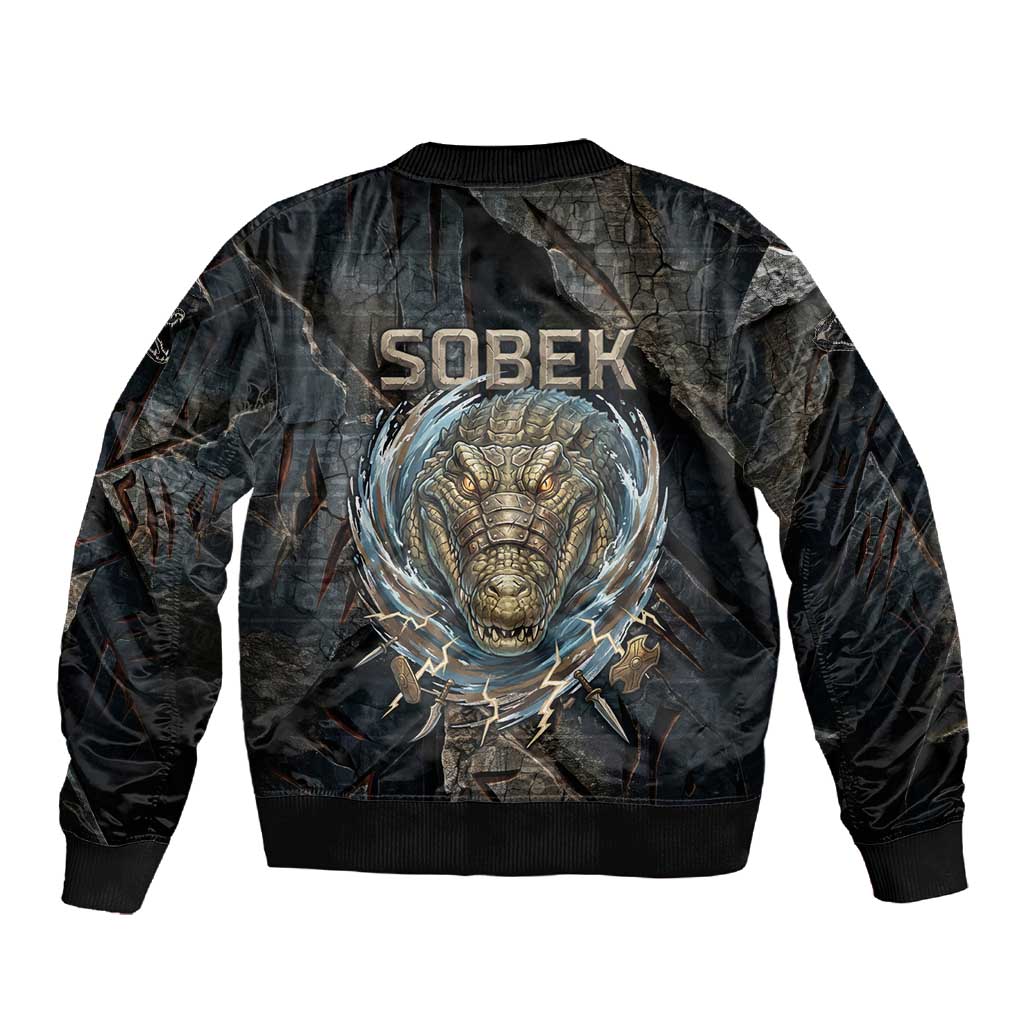 Sobek Egypt Sleeve Zip Bomber Jacket with Crocodile Head Water Symbolism Ancient Guardian