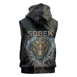 Sobek Egypt Sleeveless Zip Hoodie with Crocodile Head Water Symbolism Ancient Guardian