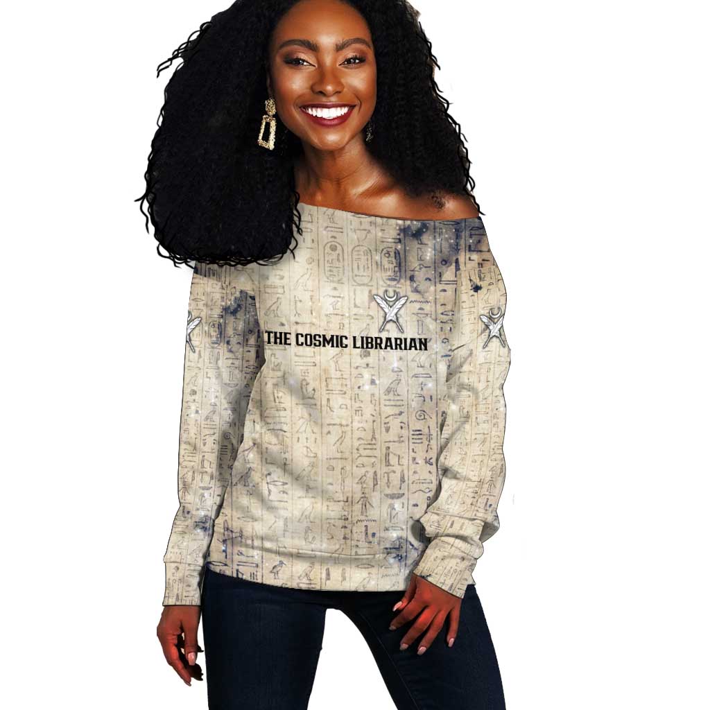 Thoth Off Shoulder Sweater Ibis Head and Ancient Scroll Egyptian Wisdom