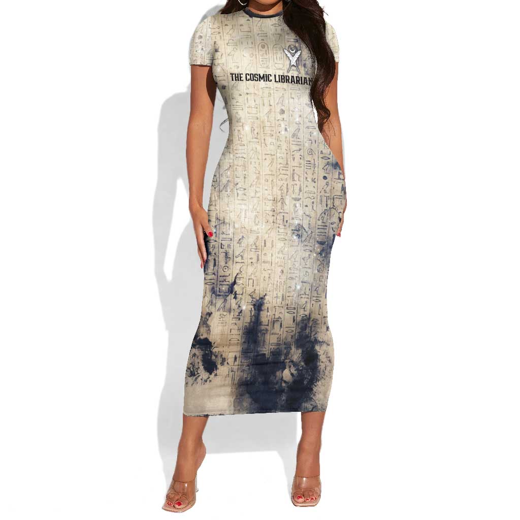 Thoth Short Sleeve Bodycon Dress Ibis Head and Ancient Scroll Egyptian Wisdom