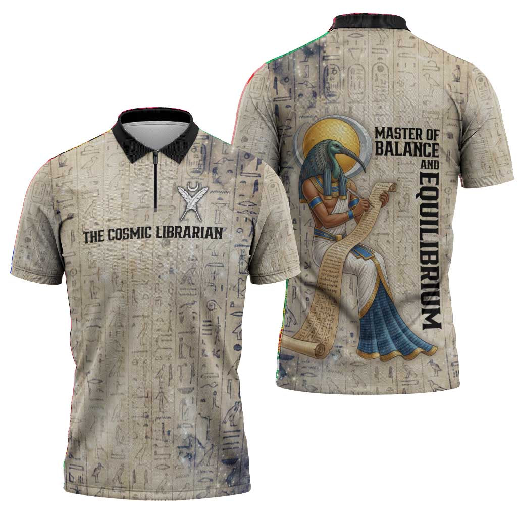 Thoth Zipper Polo Shirt Ibis Head and Ancient Scroll Egyptian Wisdom