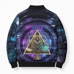 Thoth Ancient Egyptian Cosmic Bomber Puffer Jacket with Sacred Eye and Baboon Symbol Theme