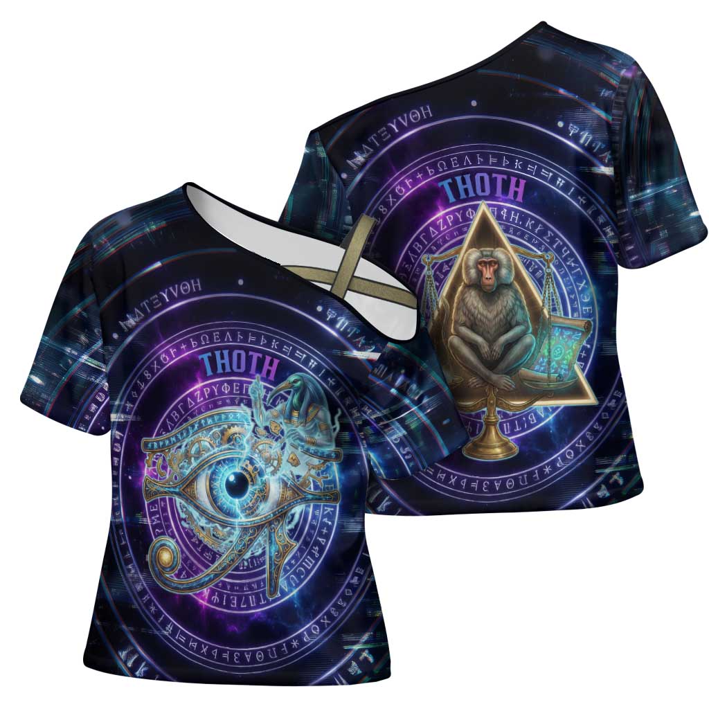 Thoth Ancient Egyptian Cosmic Cross Shoulder Shirt with Sacred Eye and Baboon Symbol Theme