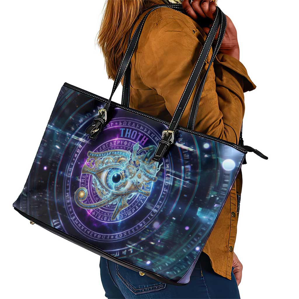 Thoth Ancient Egyptian Cosmic Leather Tote Bag with Sacred Eye and Baboon Symbol Theme