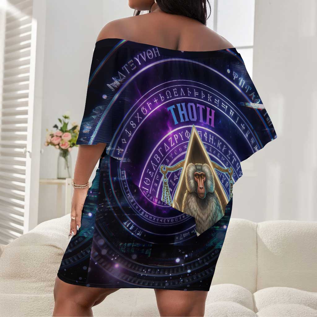 Thoth Ancient Egyptian Cosmic Off Shoulder Short Dress with Sacred Eye and Baboon Symbol Theme